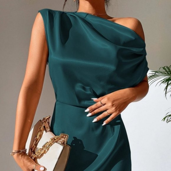 Satin Asymmetrical NeckLine Mini Dress- teal - Picture 6 of 6